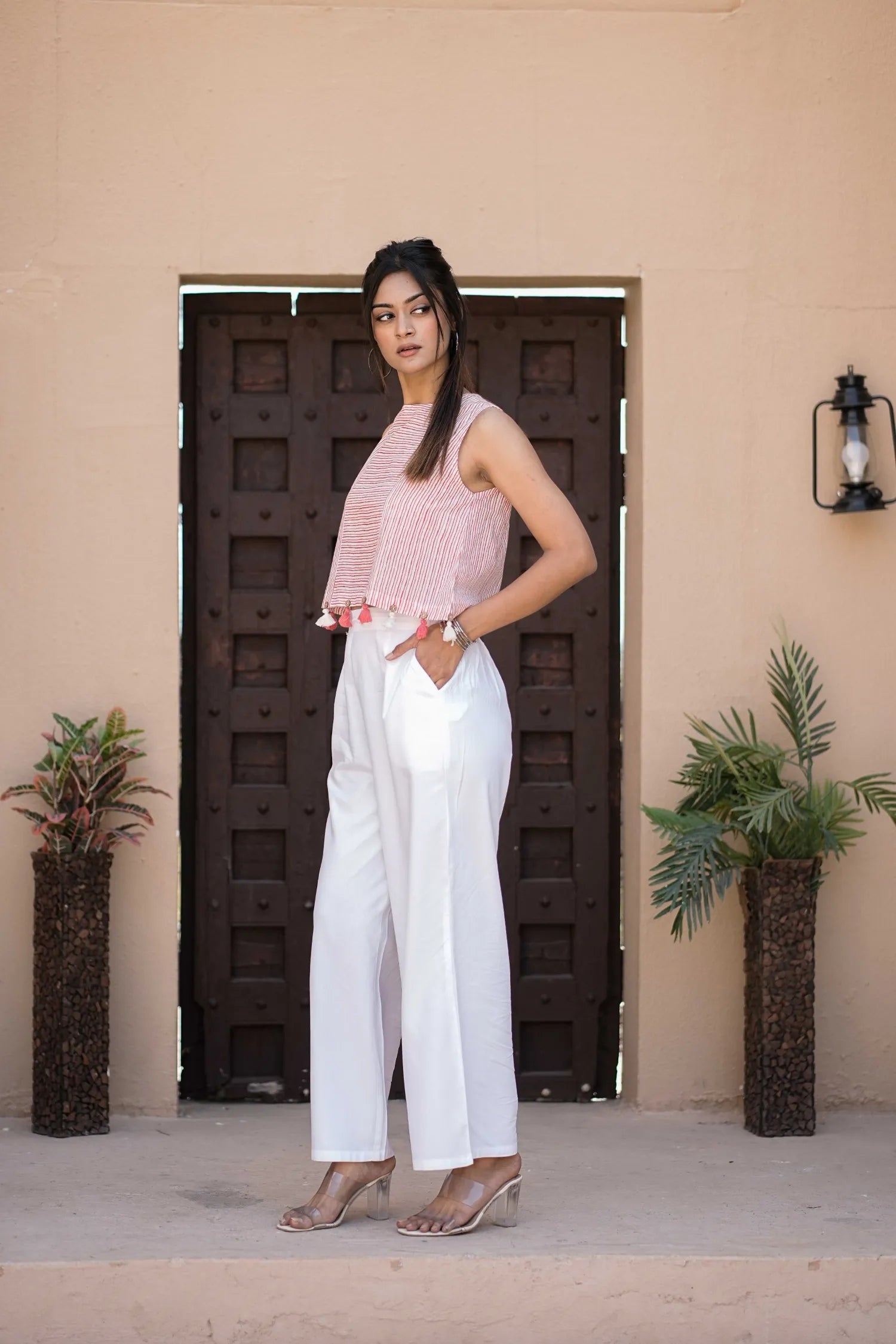Women’s Pink Striped Sleeveless Tassel Top