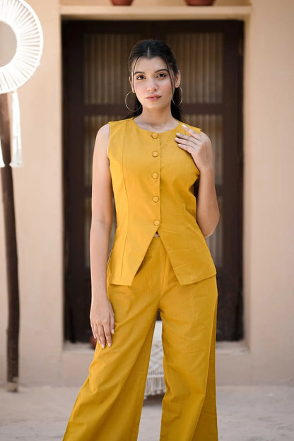 Women’s Yellow Handloom Cotton Waistcoat Co-ord Set