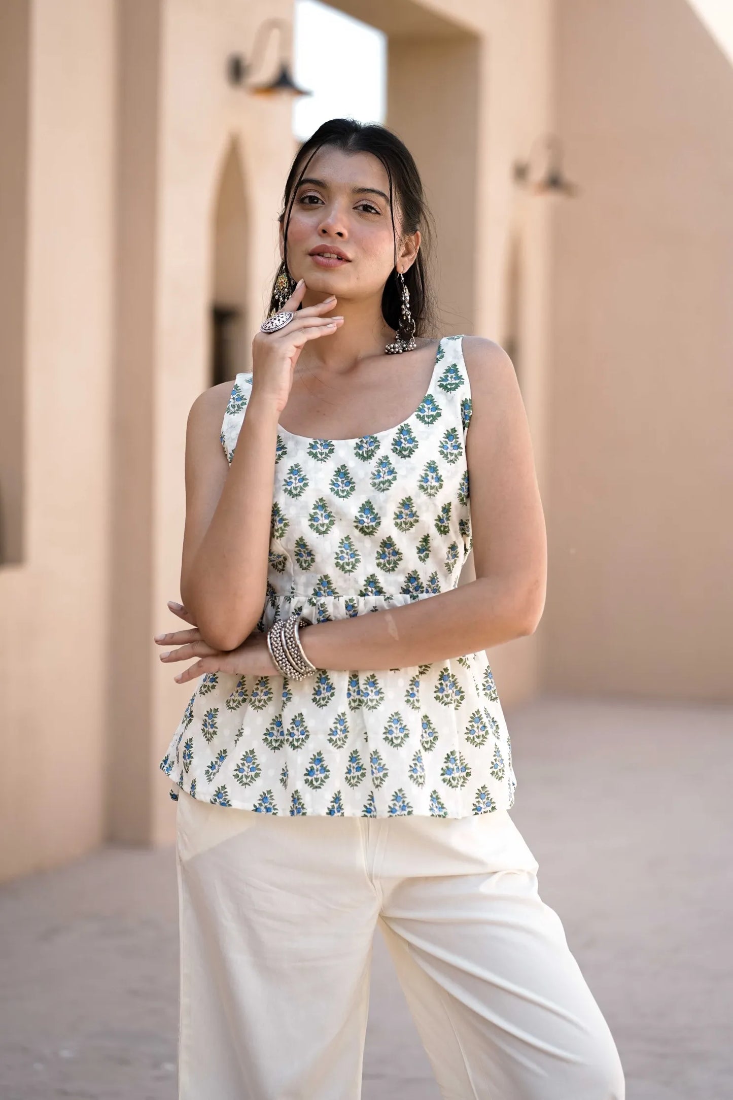 White and Blue Floral Cotton Sleeveless Peplum Kurti