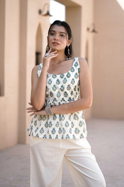 White and Blue Floral Cotton Sleeveless Peplum Kurti