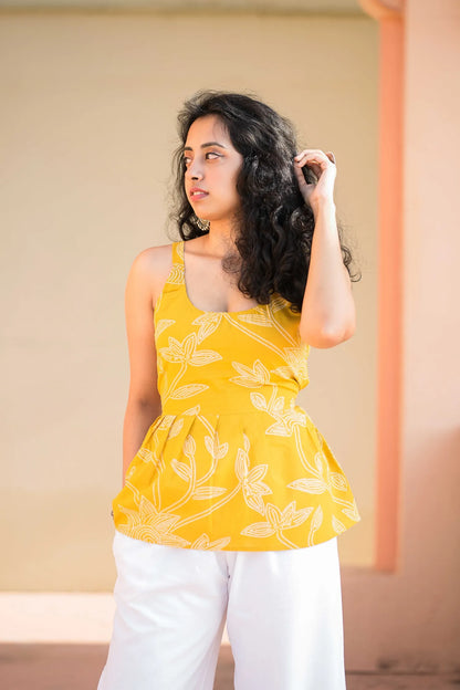 Yellow Floral Peplum Cotton Top for Women