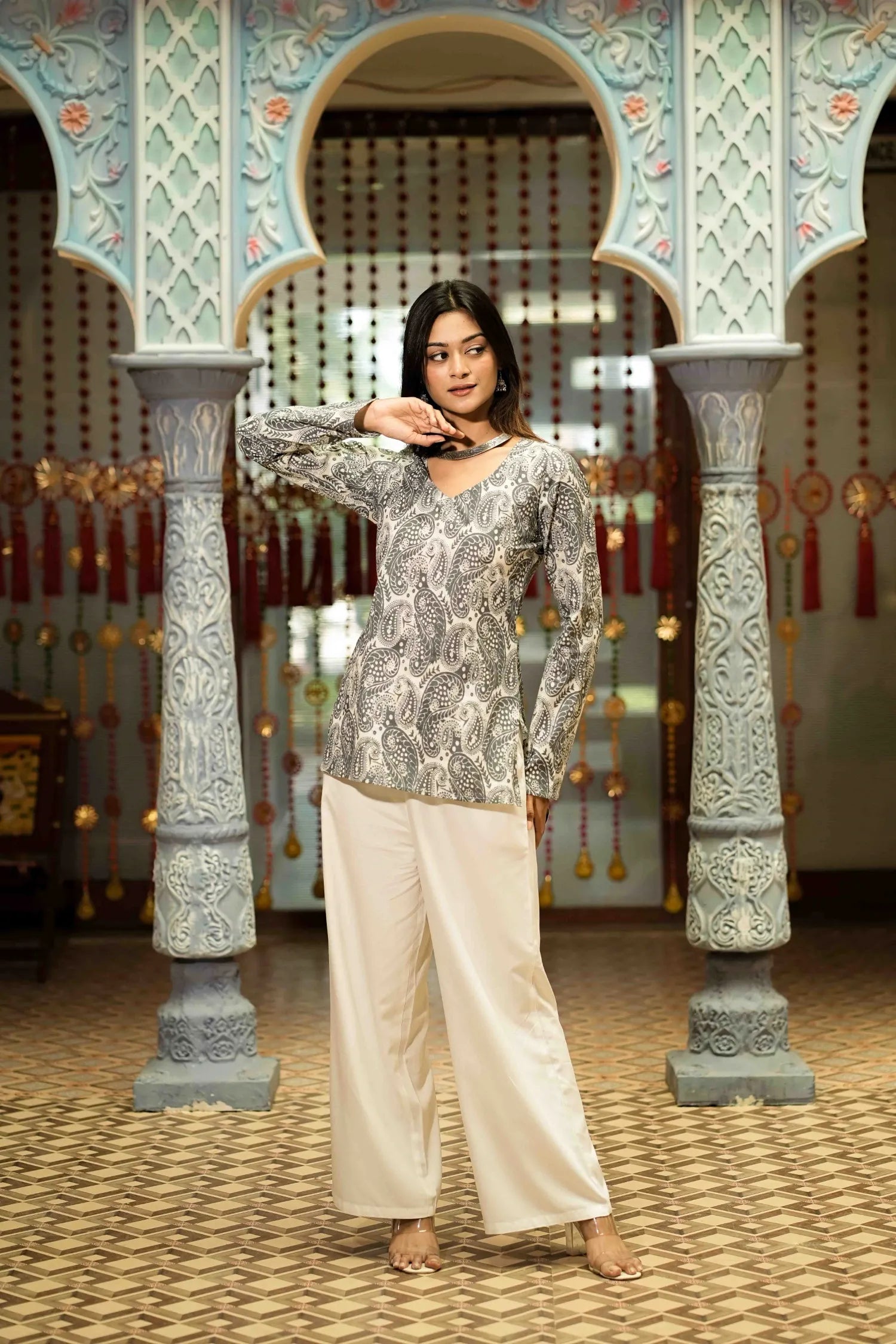 Grey Paisley Printed Long Sleeve Kurti