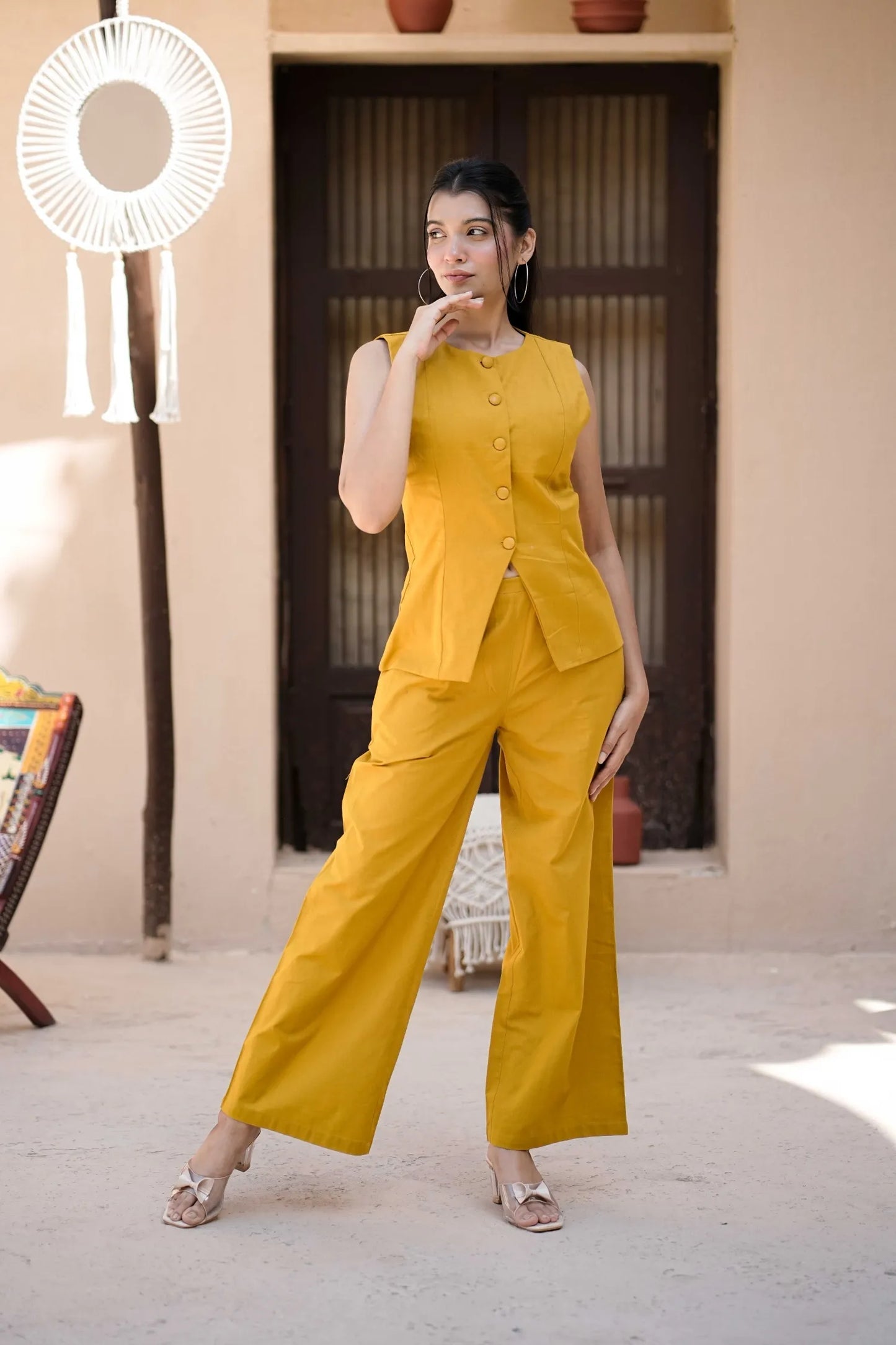 Women’s Yellow Handloom Cotton Waistcoat Co-ord Set