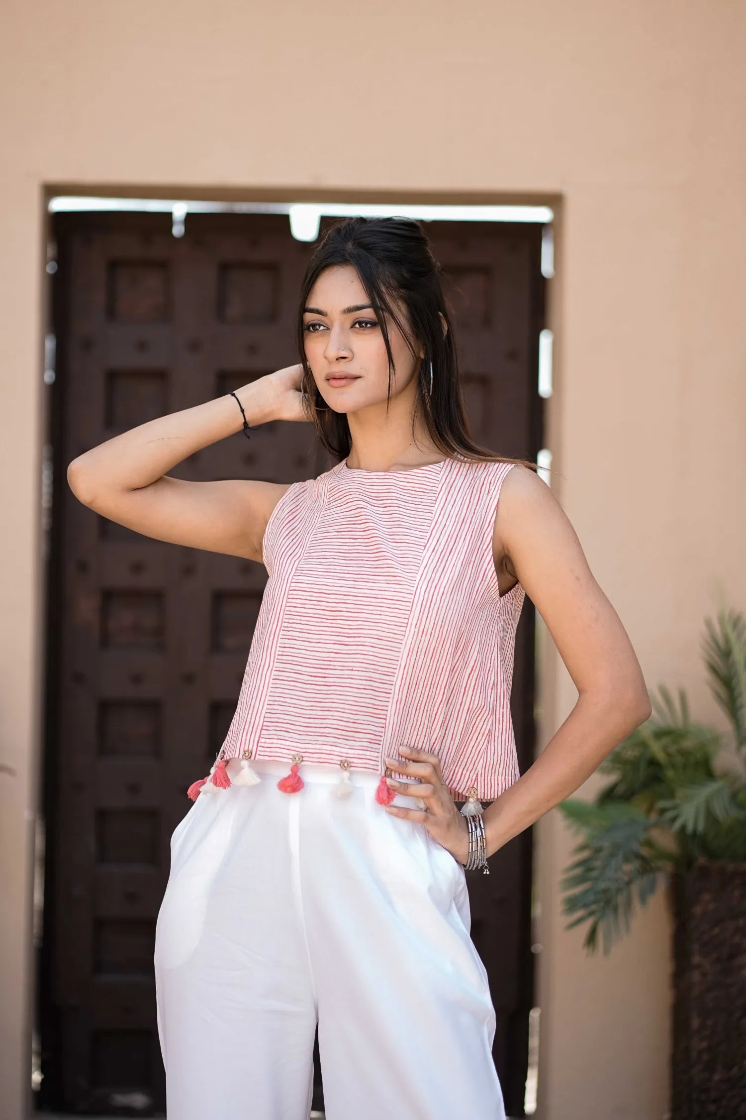 Women’s Pink Striped Sleeveless Tassel Top