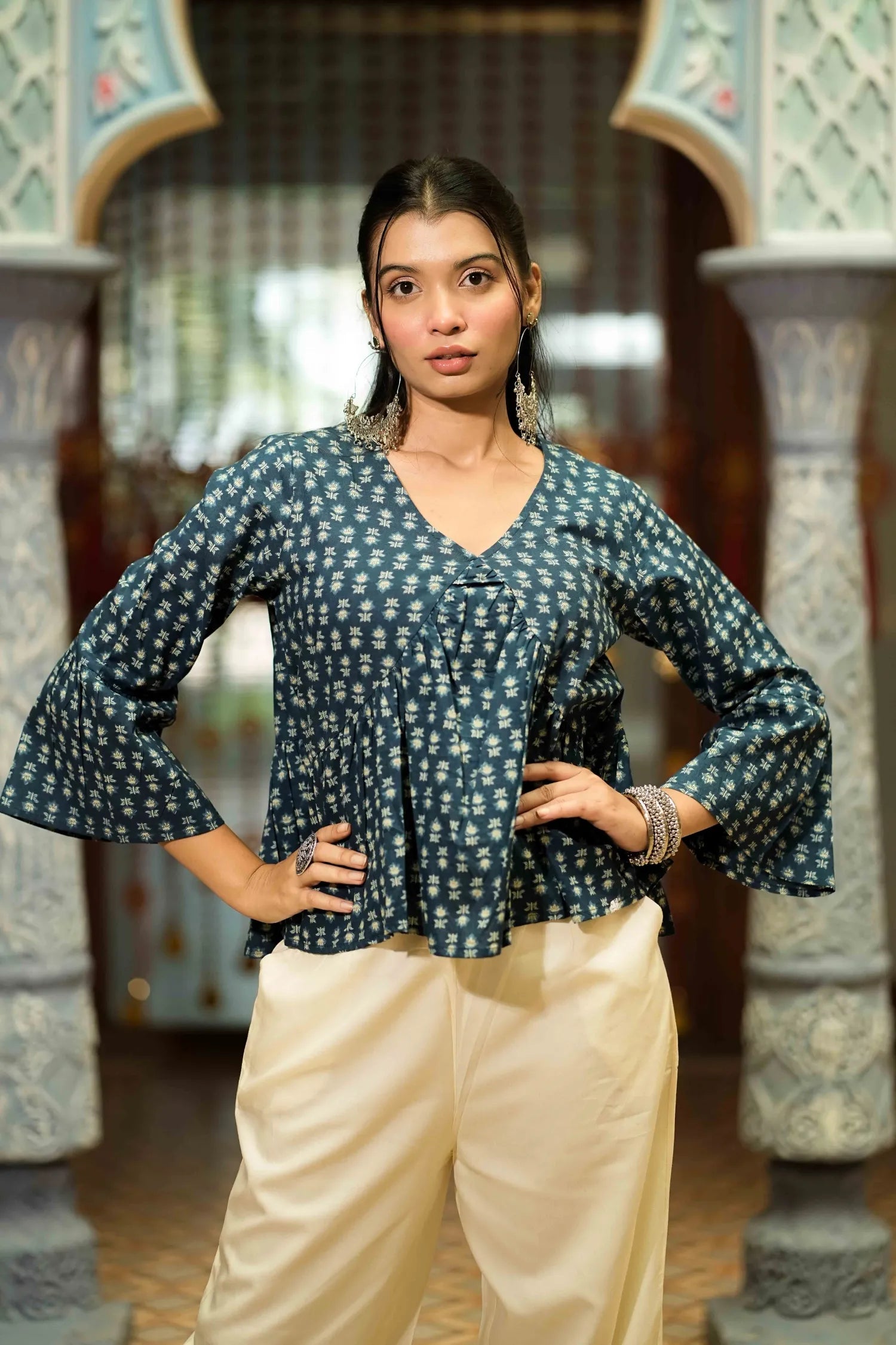 Women’s Dark Blue Buti Printed Peplum Top