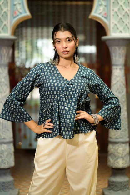 Women’s Dark Blue Buti Printed Peplum Top