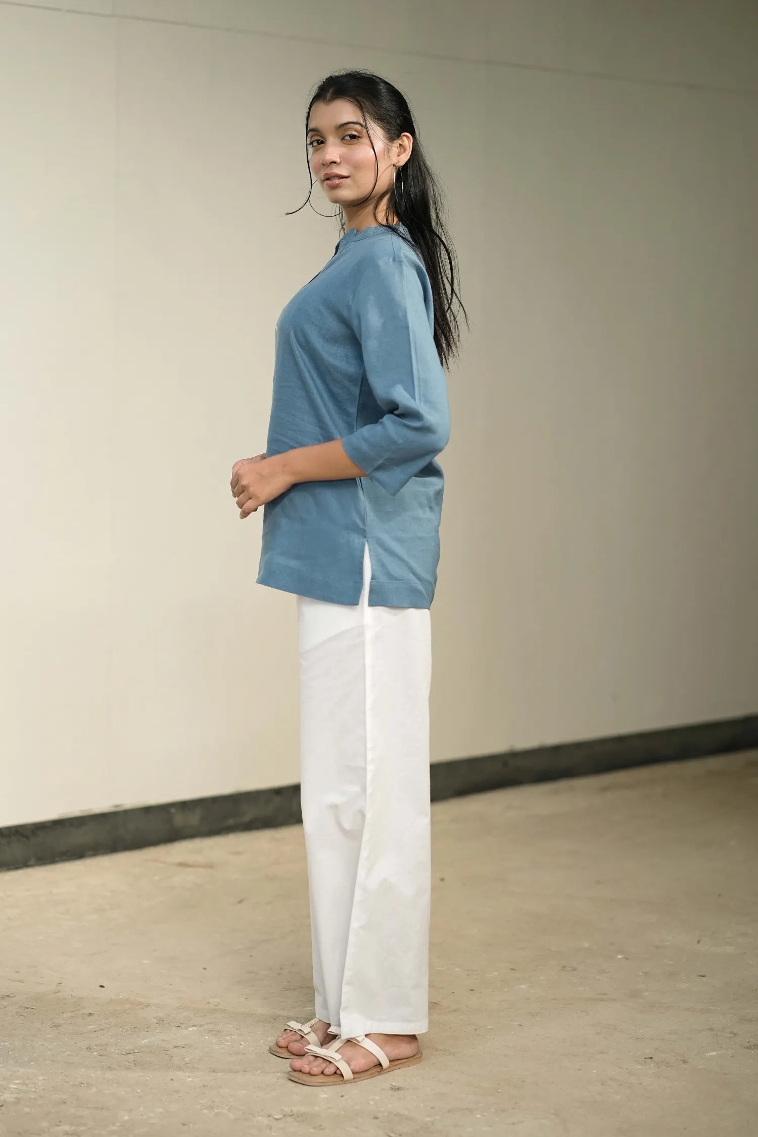 Women’s Light Blue Cotton-Linen Short Kurta