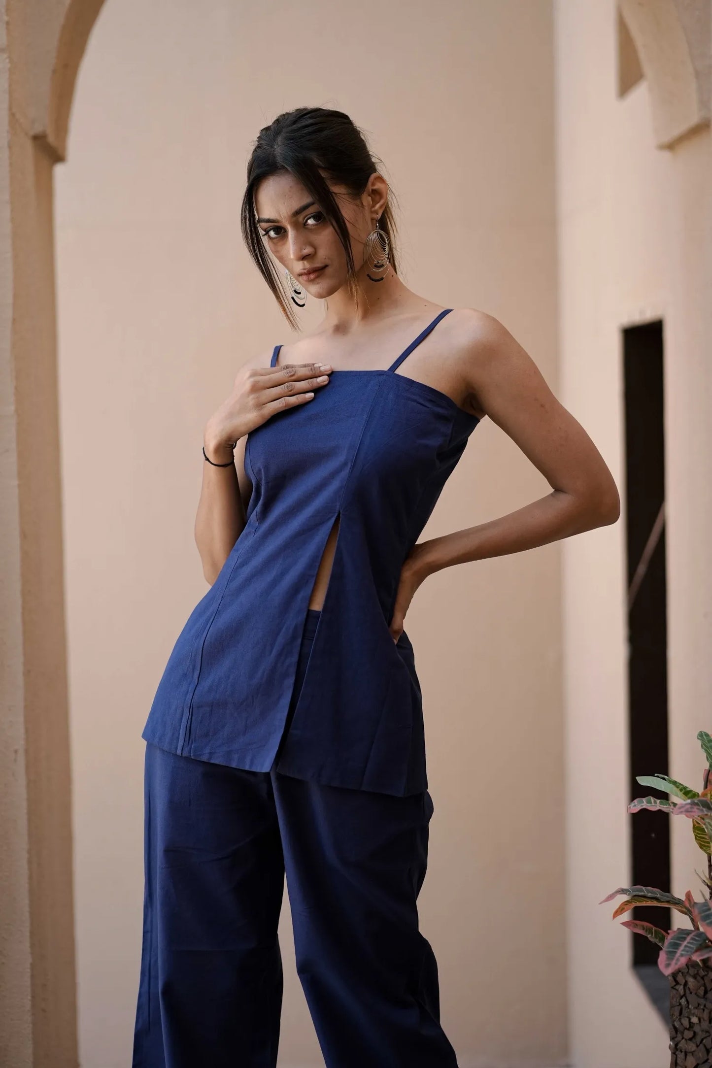 Women’s Navy Handloom Cotton Slit Top