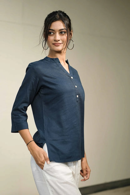 Women’s Navy Cotton-Linen Short Kurta
