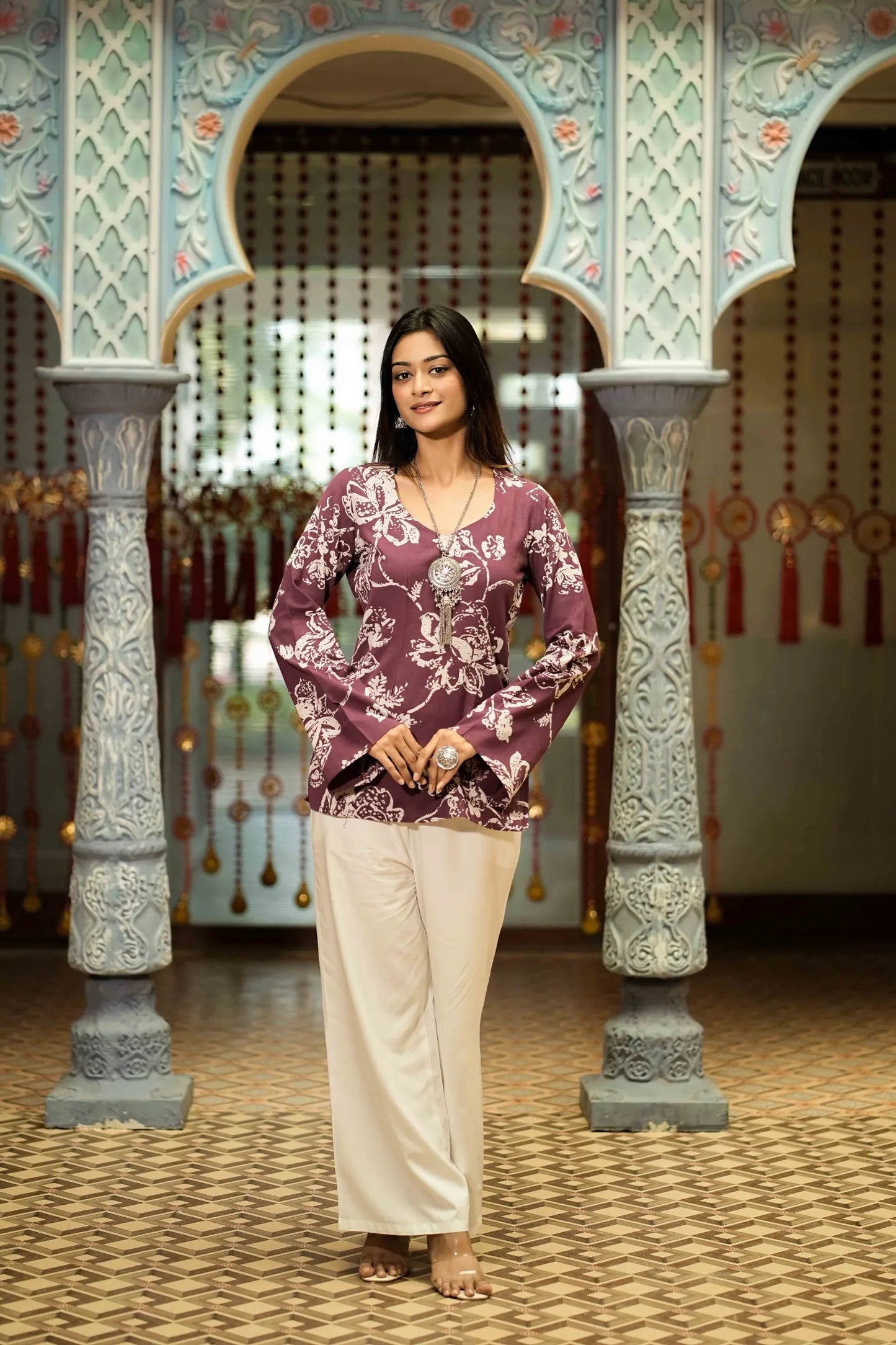 Purple Floral Printed Long Sleeve Kurti – Mira
