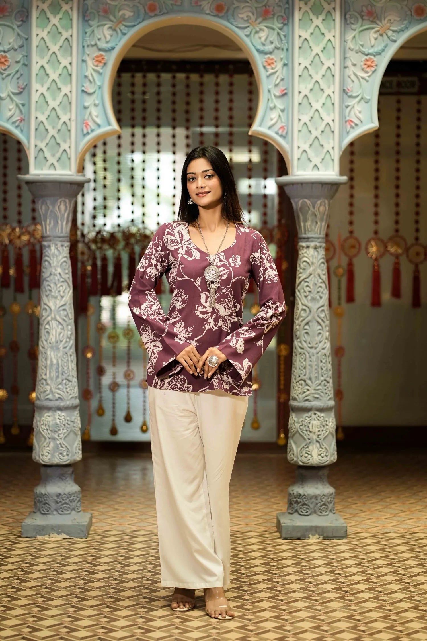 Purple Floral Printed Long Sleeve Kurti – Mira
