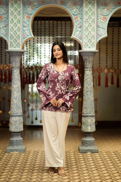 Purple Floral Printed Long Sleeve Kurti – Mira