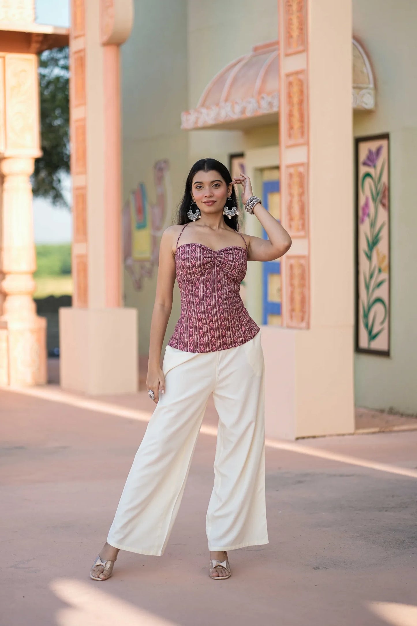 Women’s Pink Ikat Print Ruched Bustier Top with Corset Back