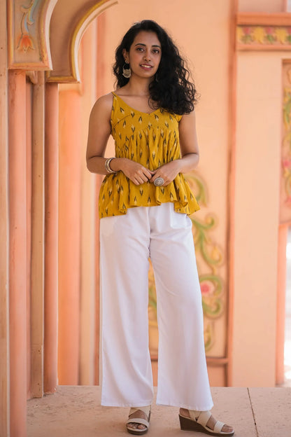 Mustard Ikat Print Peplum Sleeveless Top
