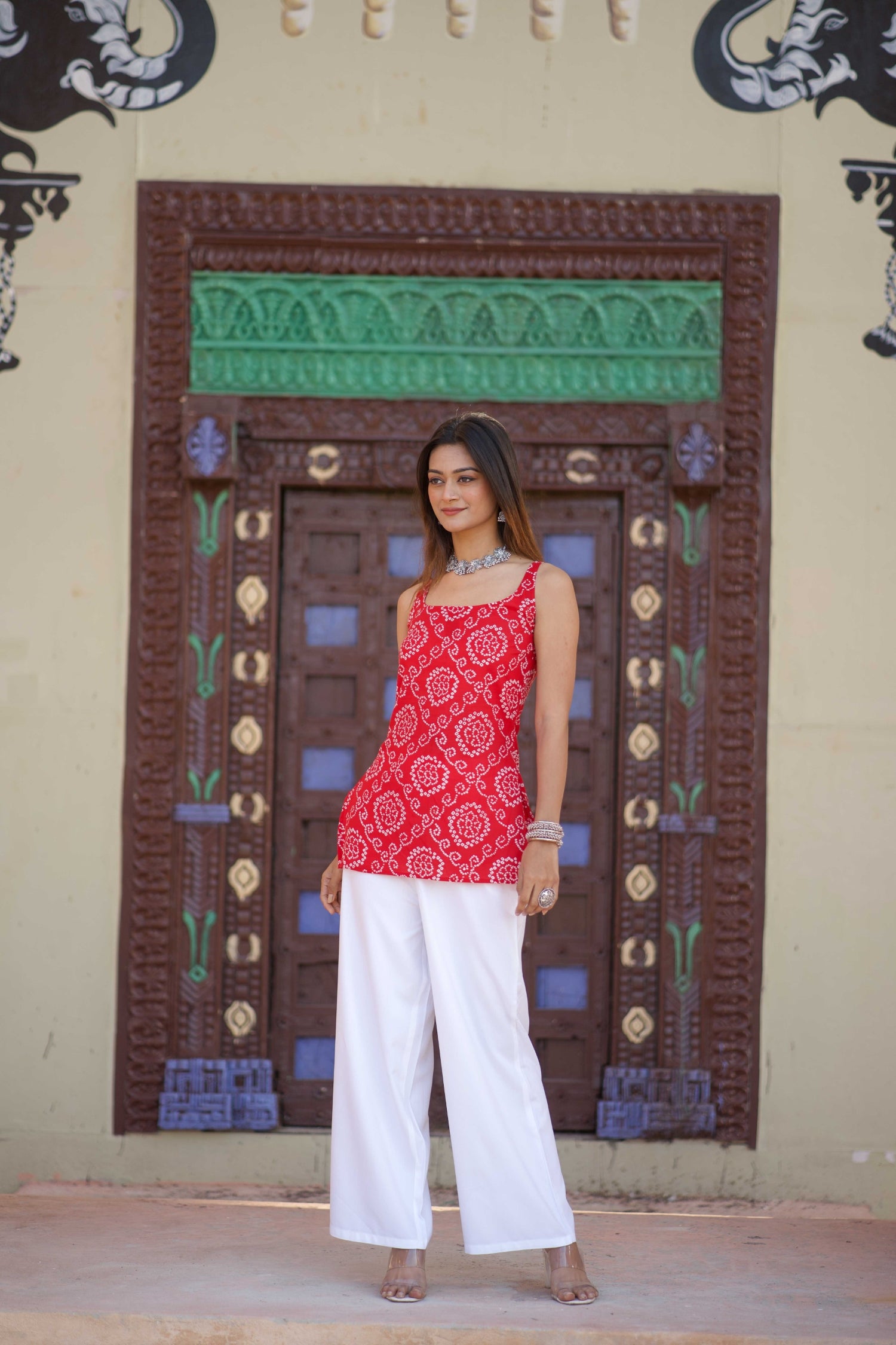 Red Bandhani Sleeveless Kurti
