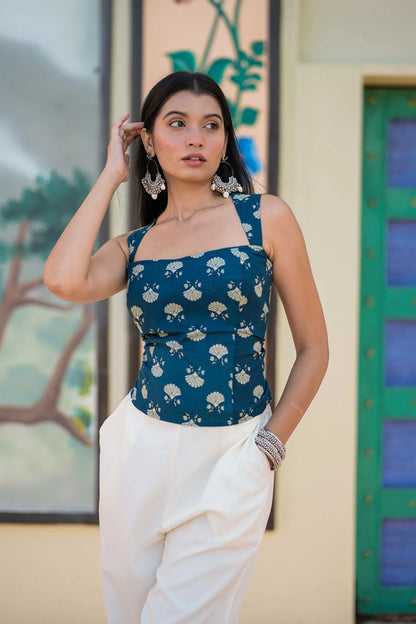 Women’s Teal Blue Printed Sleeveless Blouse with Corset Back