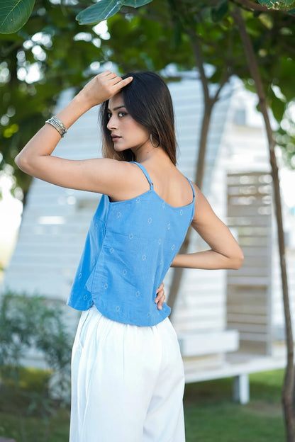 Women’s Sky Blue Embroidered Spaghetti Strap Top