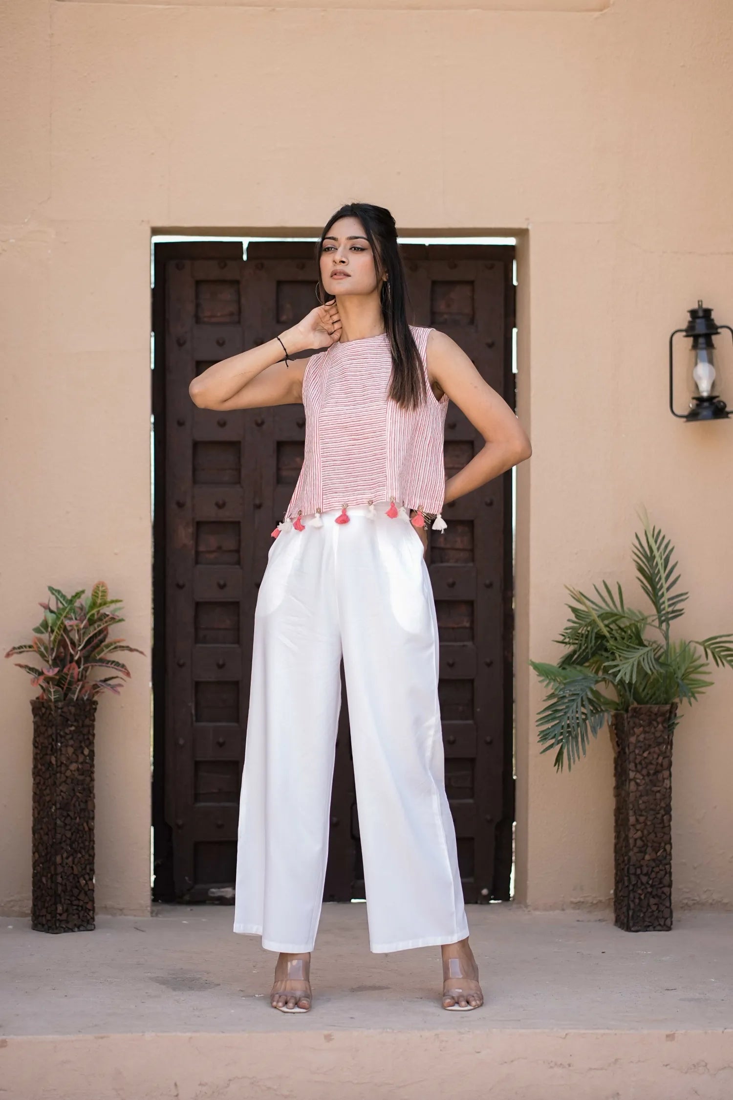 Women’s Pink Striped Sleeveless Tassel Top