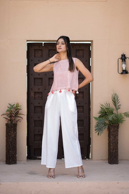 Women’s Pink Striped Sleeveless Tassel Top