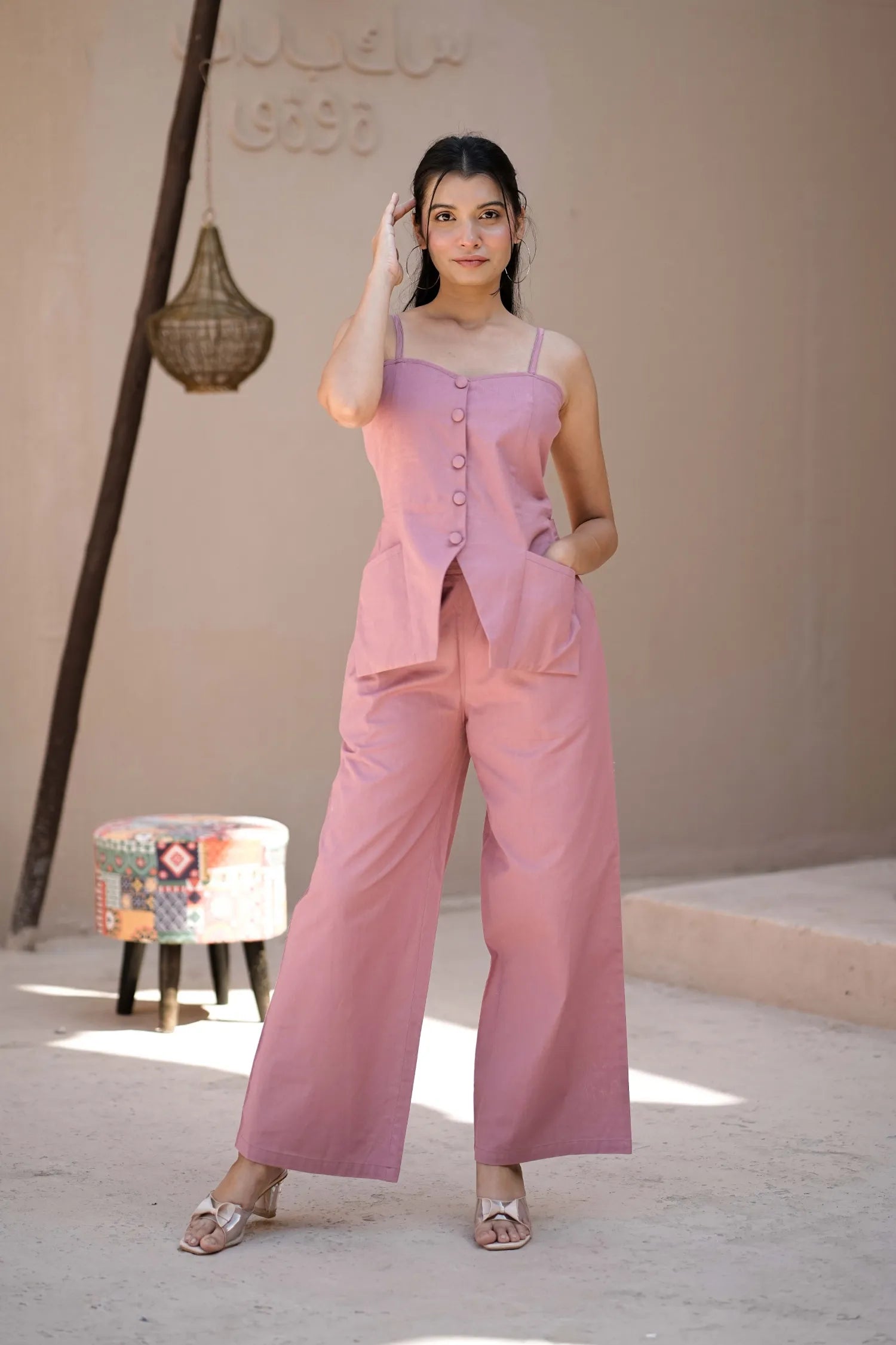Women’s Pink Handloom Cotton Buttoned Waistcoat Top