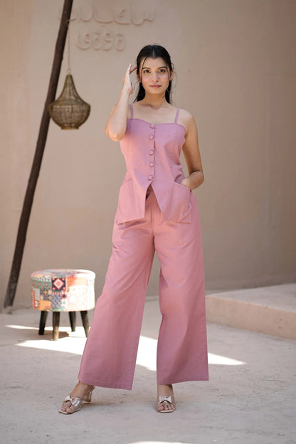 Women’s Pink Handloom Cotton Buttoned Waistcoat Top