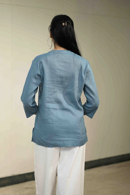 Women’s Light Blue Cotton-Linen Short Kurta