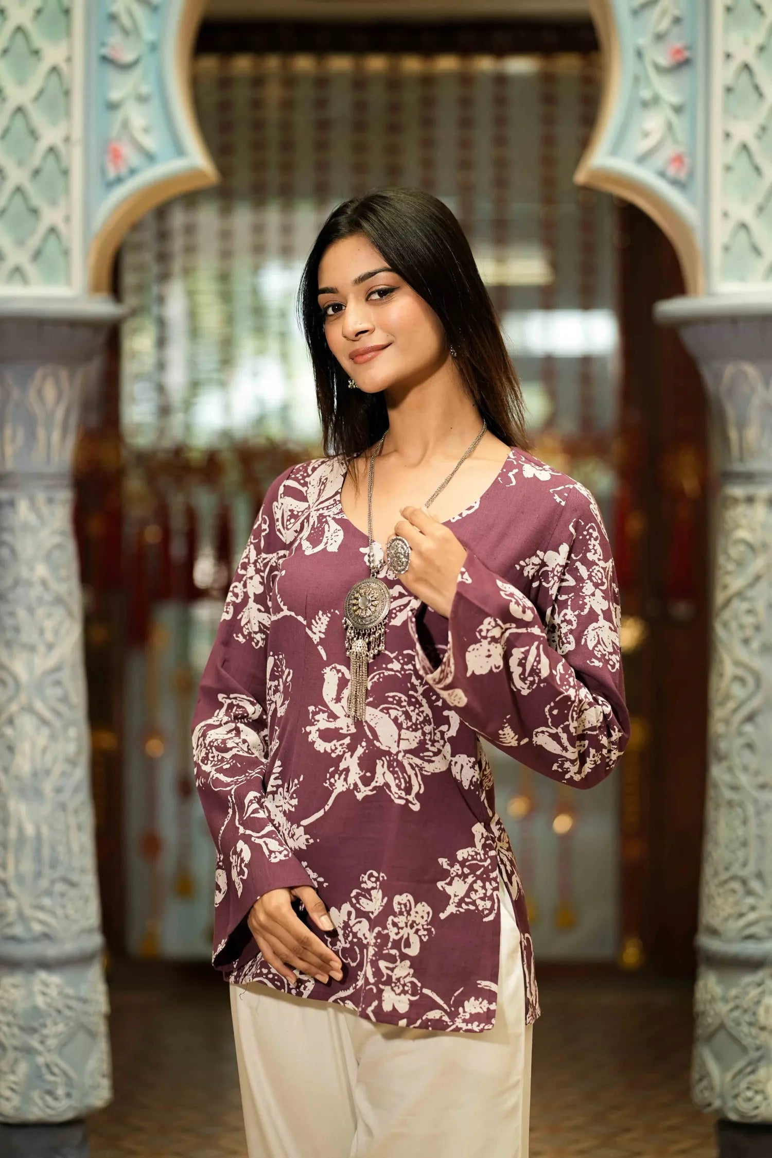Purple Floral Printed Long Sleeve Kurti – Mira