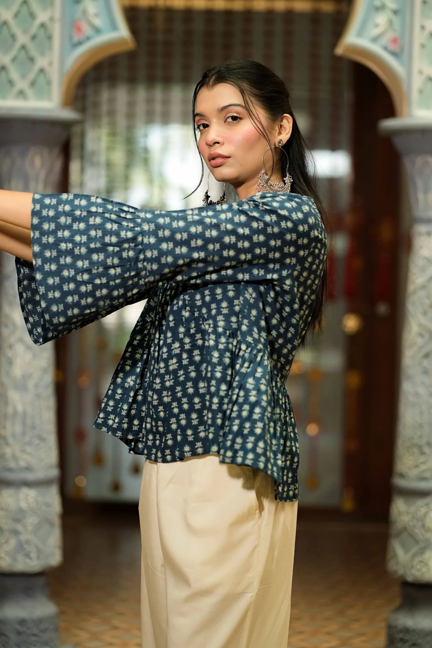 Women’s Dark Blue Buti Printed Peplum Top