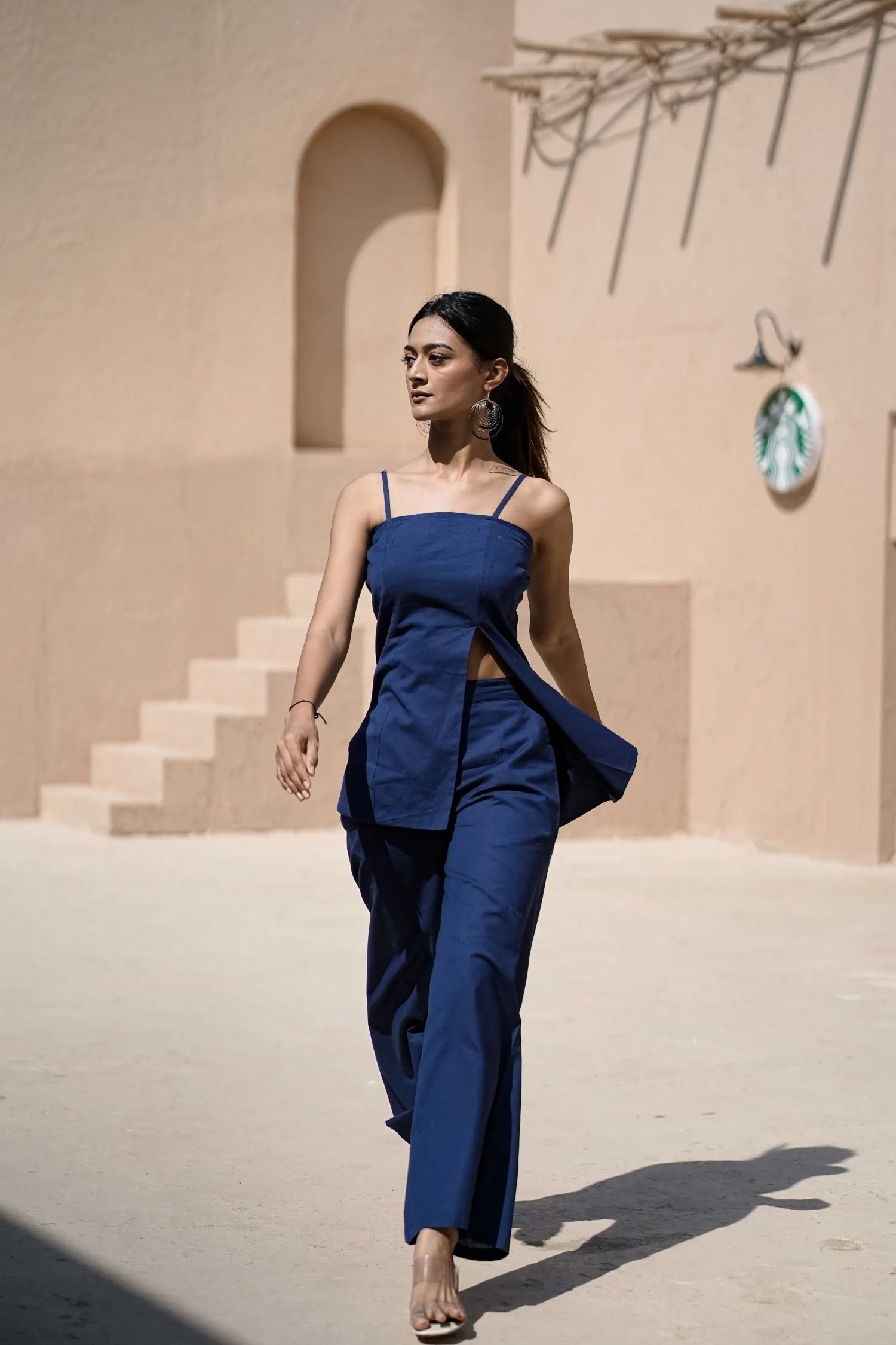 Women’s Navy Handloom Cotton Slit Top