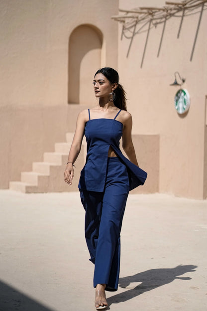 Women’s Navy Handloom Cotton Slit Top