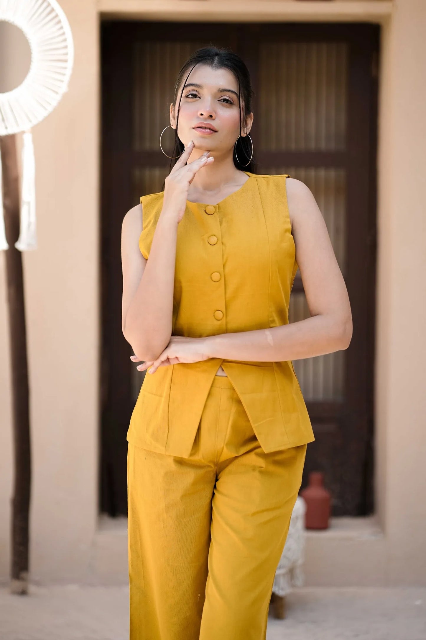 Women’s Yellow Handloom Cotton Waistcoat Co-ord Set