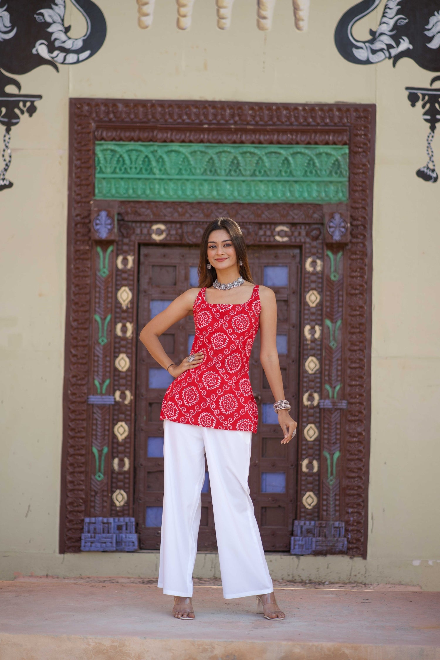 Red Bandhani Sleeveless Kurti