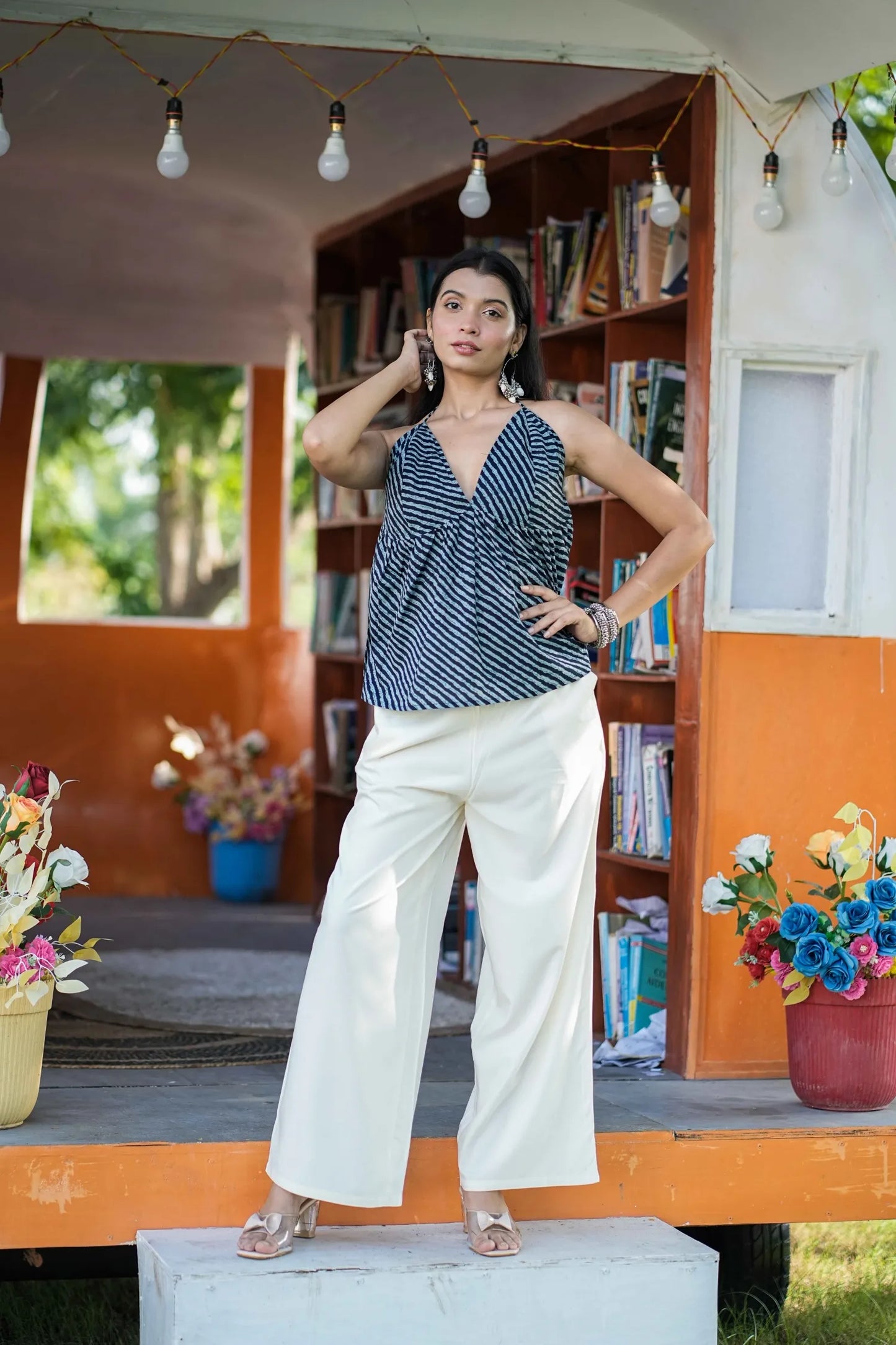 Navy Leheriya Halter Neck Top