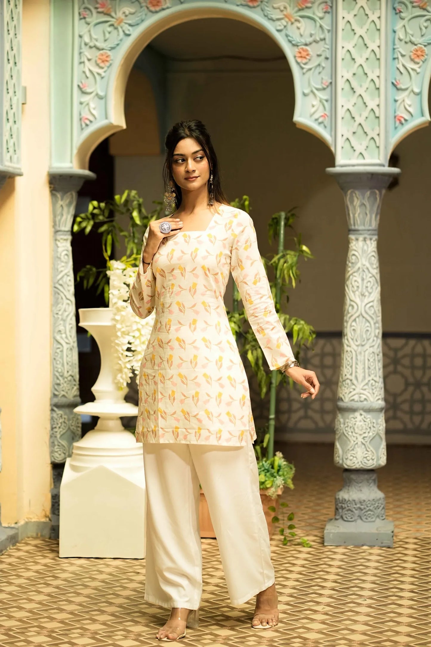 Women’s Cream Floral Printed Corset Kurti