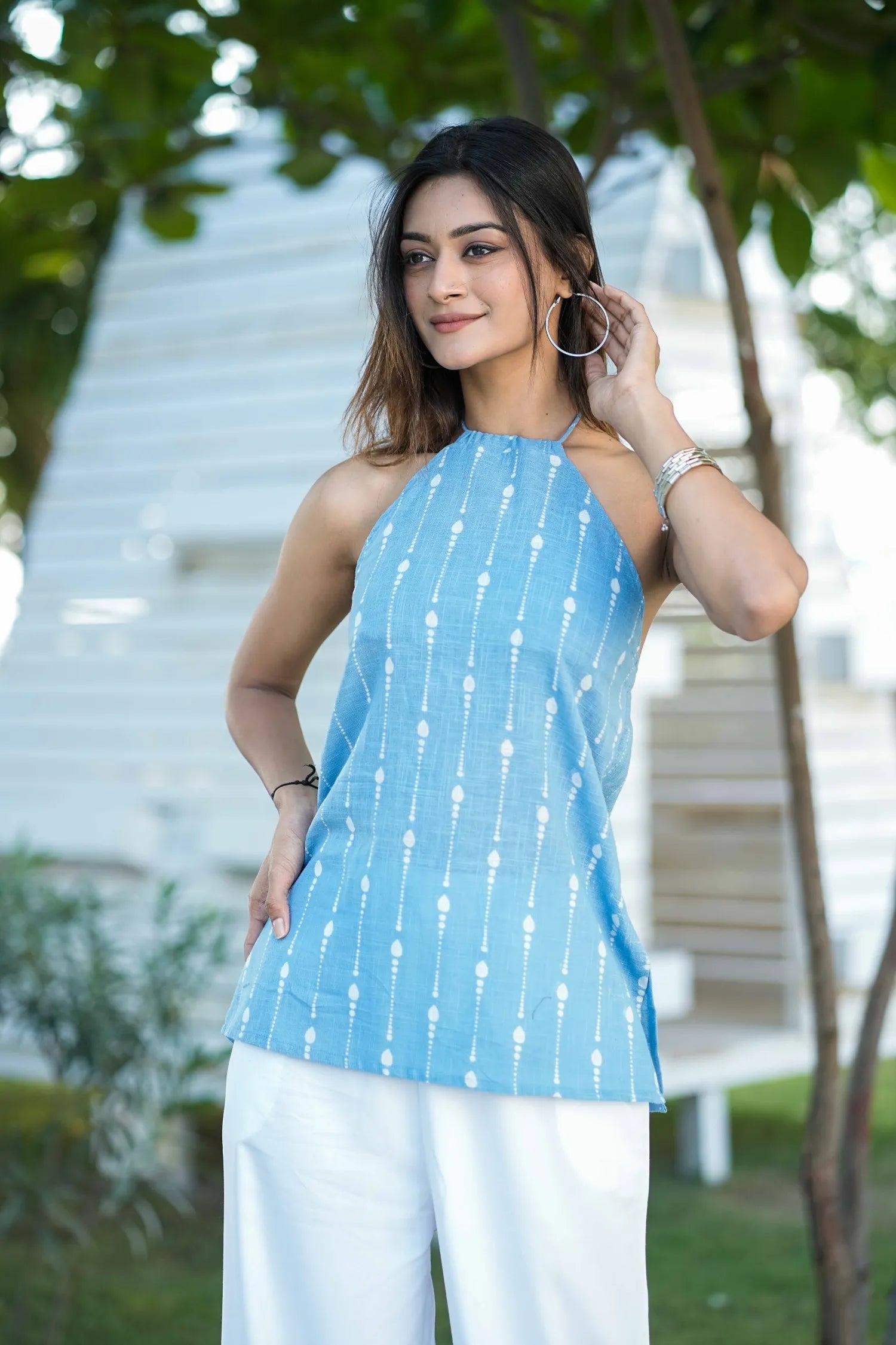 Light Blue Ikat Halter Neck Kurti
