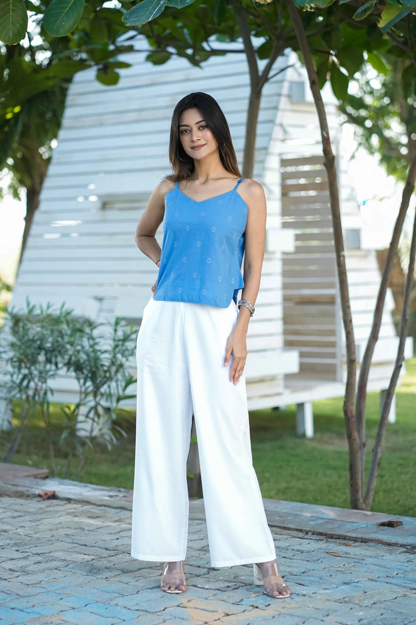 Women’s Sky Blue Embroidered Spaghetti Strap Top