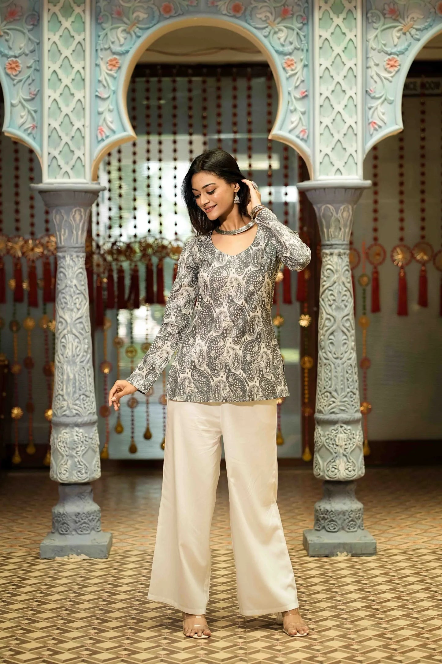 Grey Paisley Printed Long Sleeve Kurti