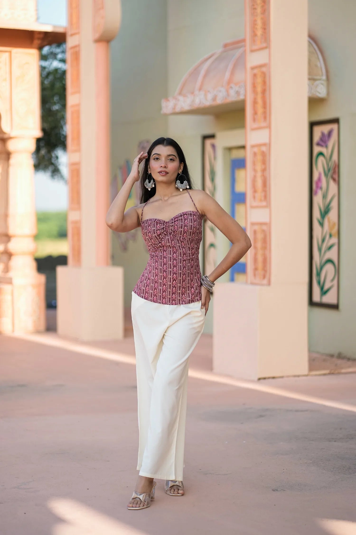 Women’s Pink Ikat Print Ruched Bustier Top with Corset Back