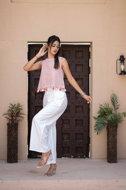 Women’s Pink Striped Sleeveless Tassel Top
