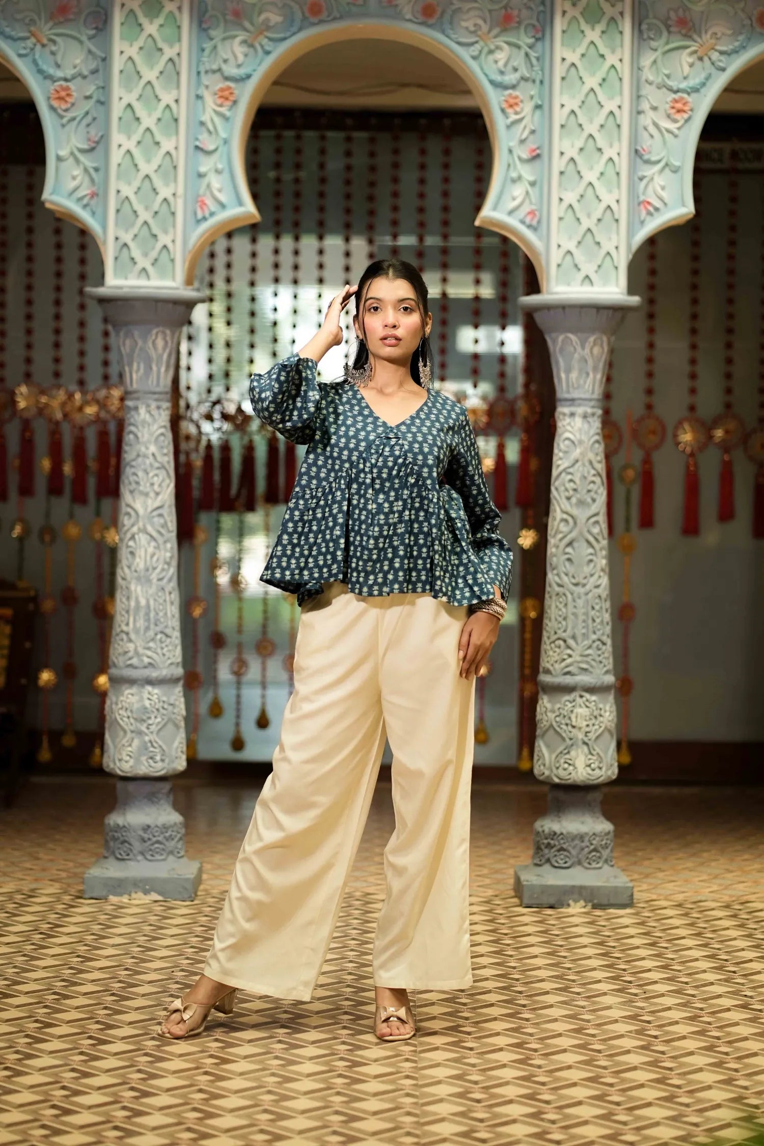 Women’s Dark Blue Buti Printed Peplum Top