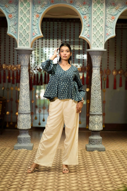 Women’s Dark Blue Buti Printed Peplum Top