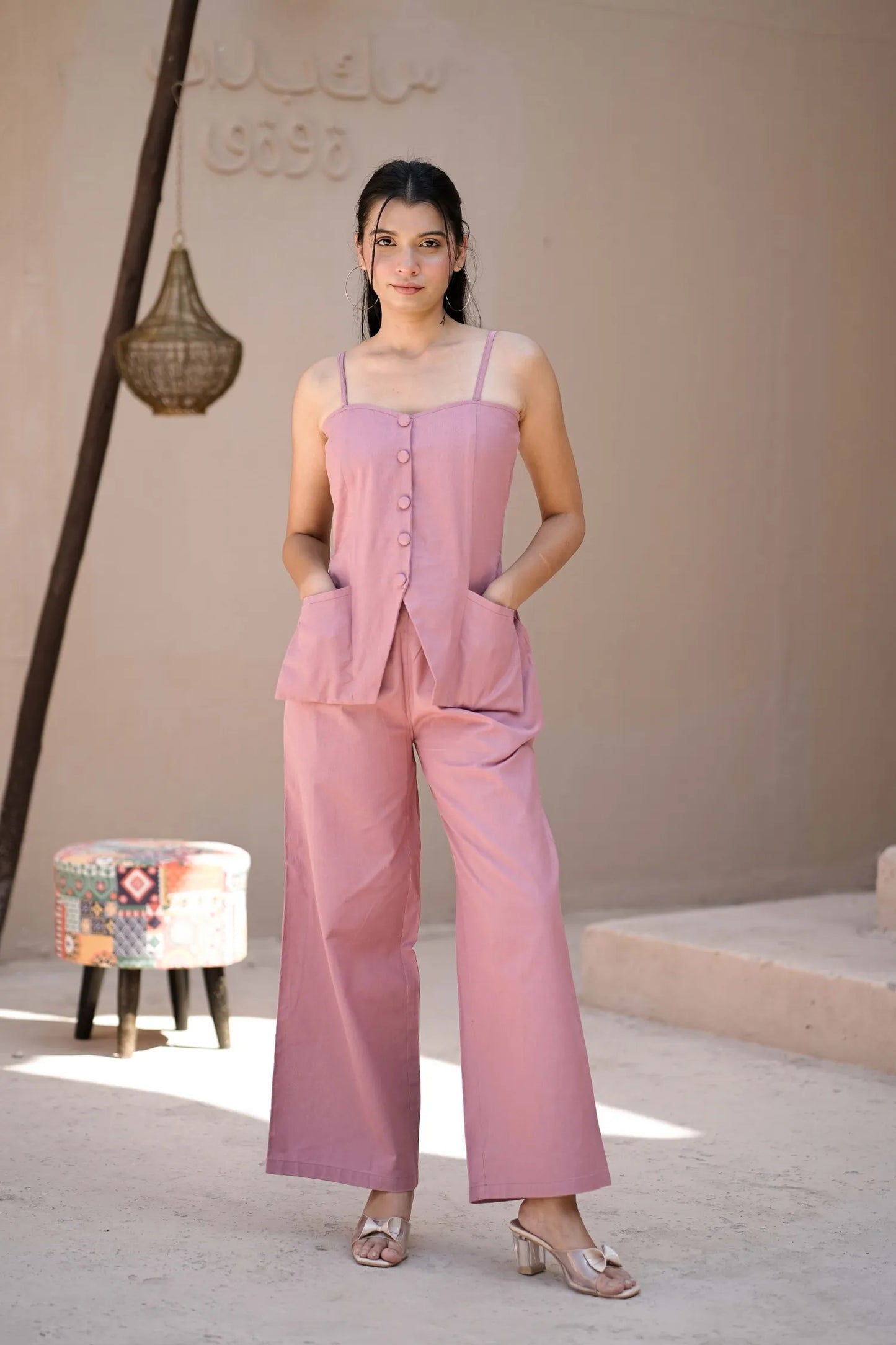 Women’s Pink Handloom Cotton Buttoned Waistcoat Top