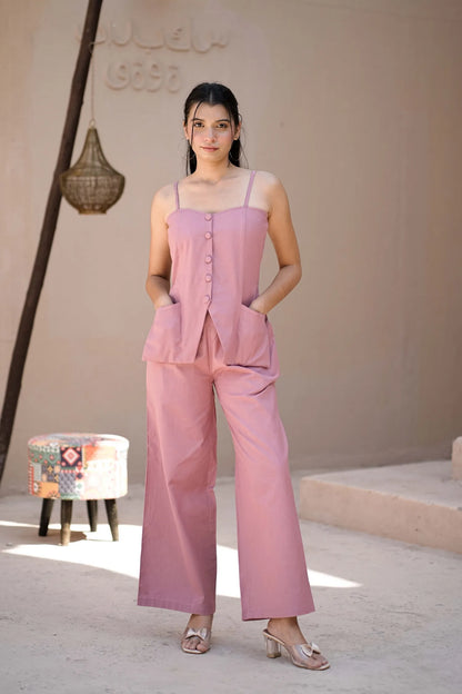 Women’s Pink Handloom Cotton Buttoned Waistcoat Top