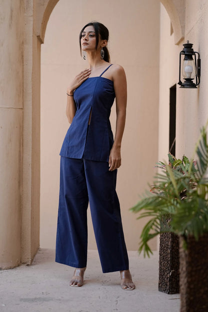 Women’s Navy Handloom Cotton Slit Top