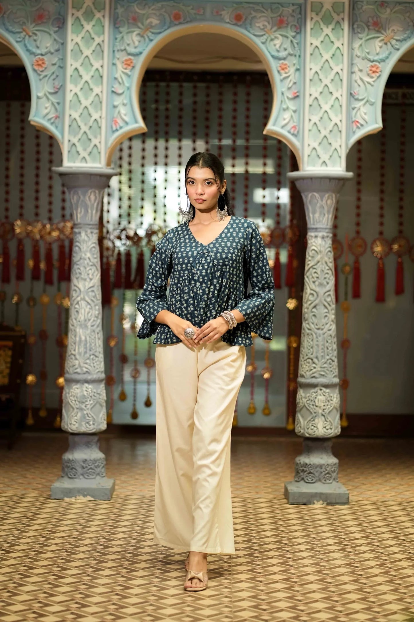 Women’s Dark Blue Buti Printed Peplum Top