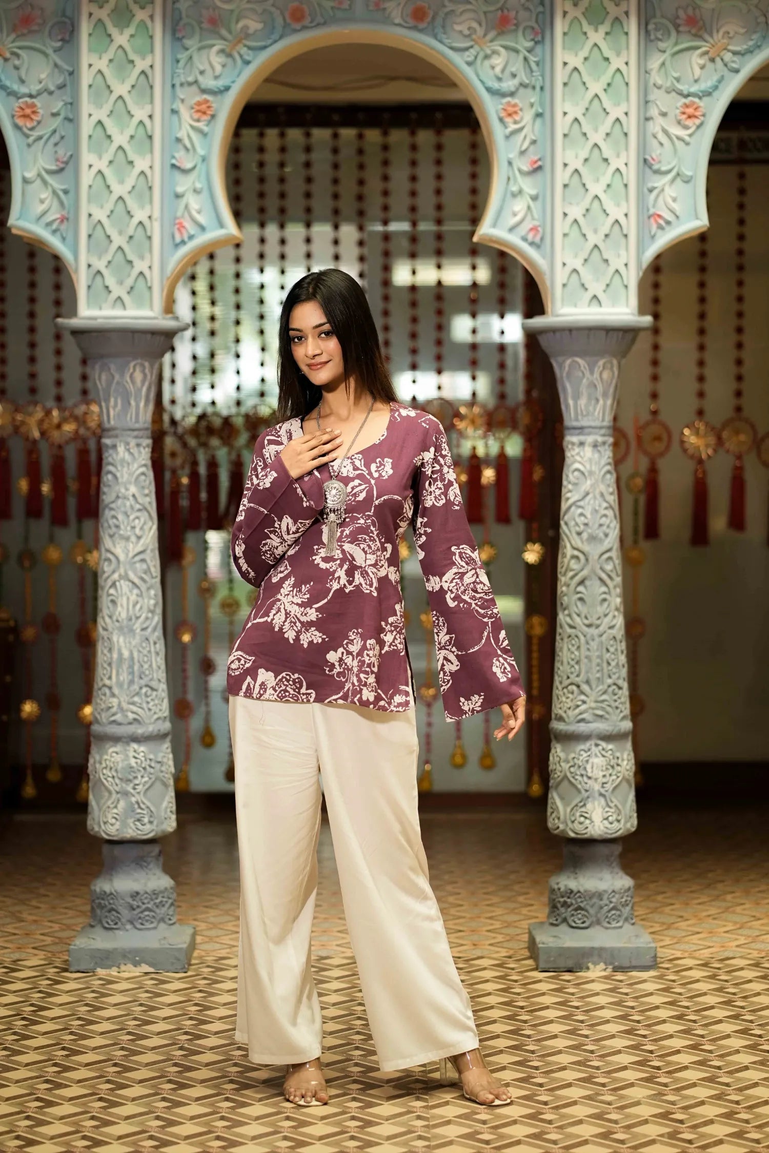 Purple Floral Printed Long Sleeve Kurti – Mira