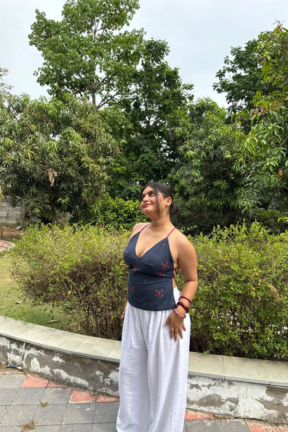 Navy Ikat Tie Back Top