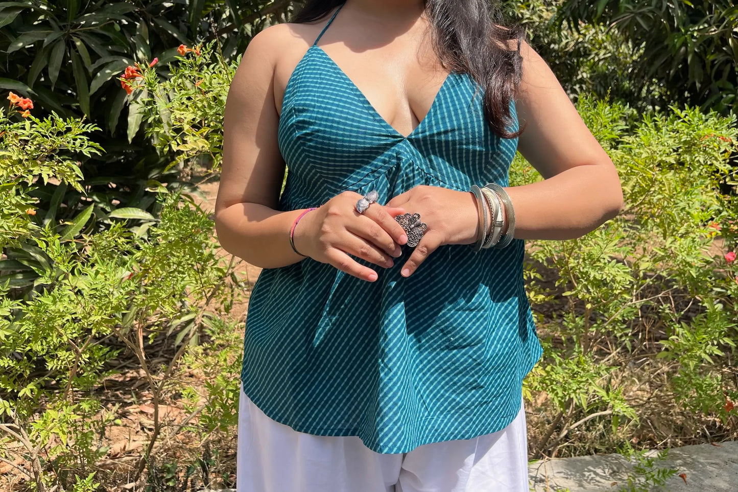 Deep Blue Leheriya Halter Neck Top