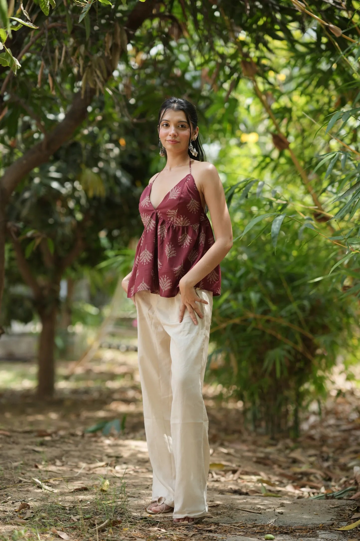 Wine Red Motif Halter Neck Top