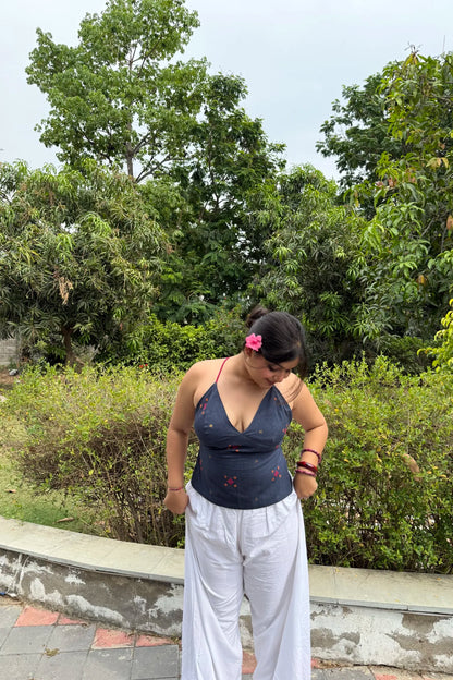 Navy Ikat Tie Back Top